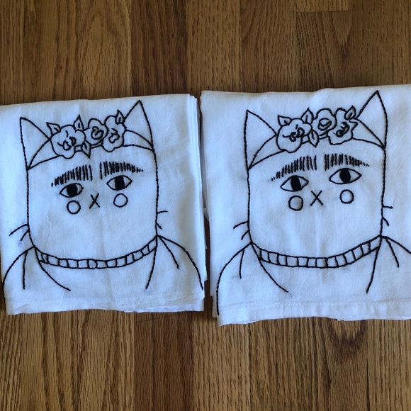 Two Hand Embroidered Frida “Catlo” Dish Towels - Picture 3 of 4